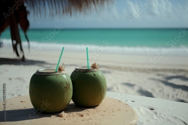 Fototapeta Two young coconut on table . White sand and paradisiac background. Generated Ai illustration.