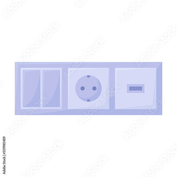 Fototapeta Cartoon panel of switches and sockets isolated on white. Electrician tool. Vector illustration of equipment for electric power control and repair. Hardware service concept