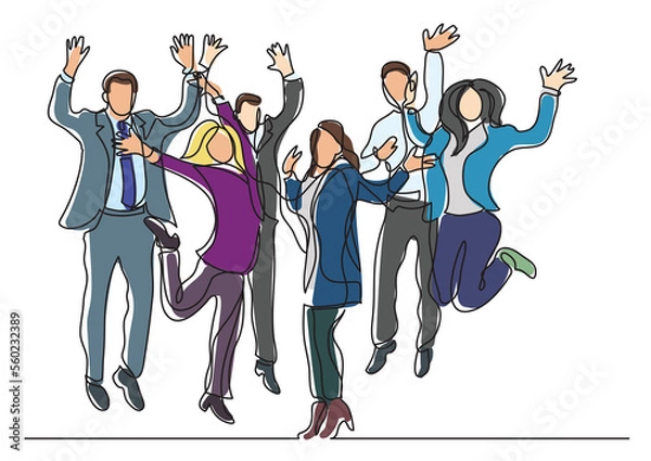 Fototapeta continuous line drawing happy business team jumping joy  - PNG image with transparent background