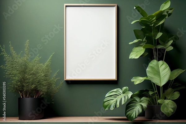 Fototapeta Vertical wooden frame mockup hanging on the sideboard in green wall interior decorated with plant green leaf, brass lamp, and plant in a vase. 3d illustration