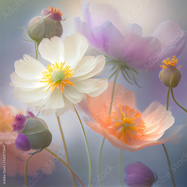 Fototapeta Generative AI: set of fragile and ethereal flowers in pastel colors