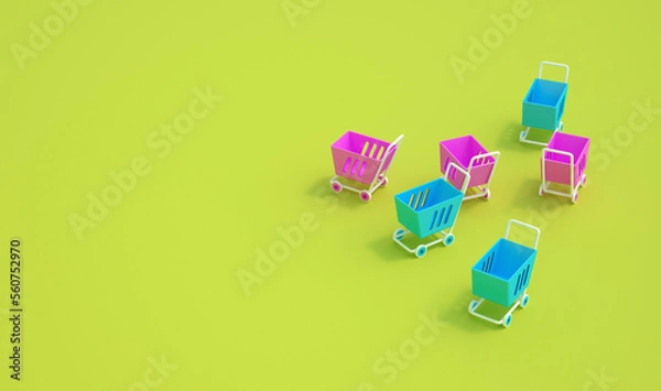 Fototapeta 3d illustrations of supermarket carts on yellow background randomly positioned, female and male shopping