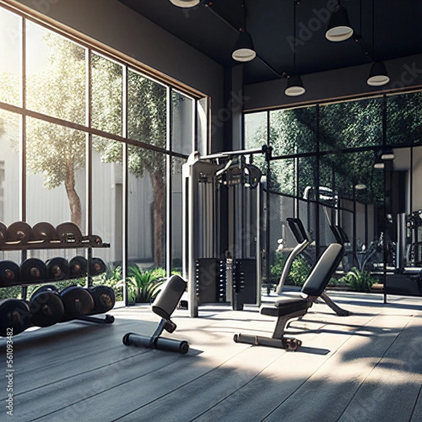 Fototapeta Detailed Fitness Equipment for Working Out In a Vibrant Environment And Background