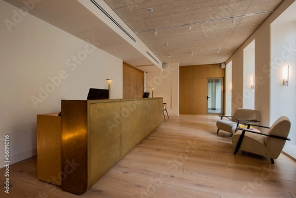 Fototapeta modern armchairs near reception desk in luxury hotel lobby.