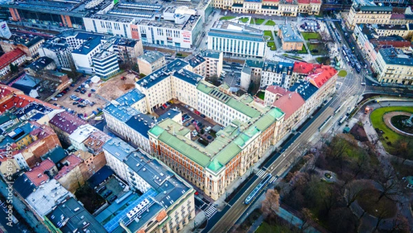 Obraz Krakow city from above, aerial view of old city center view in Krakow at morning time, main square, famous cathedral in sun light