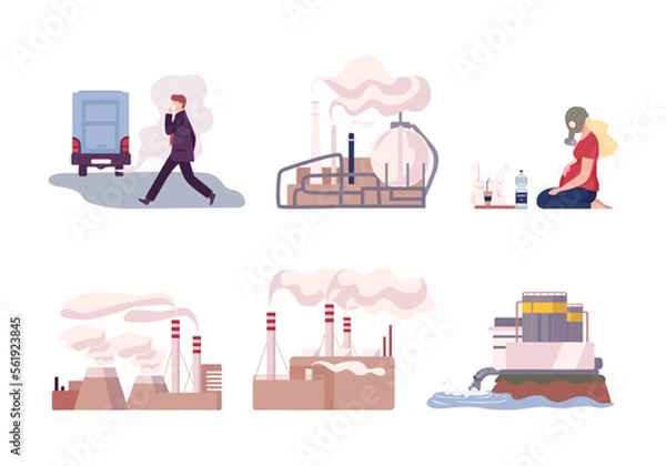 Fototapeta Pollution of water and air by industrial waste set. People suffering from industrial smog and pollutant fog gas cartoon vector illustration