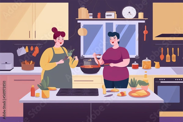 Fototapeta Plus size lesbian couple cooking dinner in kitchen. Body positivity concept. Flat vector illustration, generative art