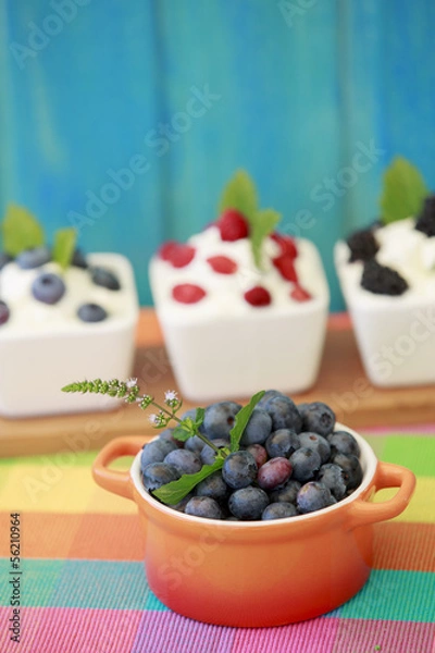 Fototapeta Fresh seasonal fruits from garden with yogurt