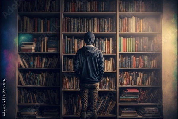 Fototapeta  a person standing in front of a book shelf filled with books and bookshelves with books on it and a person standing in front of the bookcases facing the bookshelf. Generative AI 