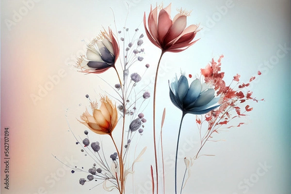 Fototapeta Wildflowers watercolor drawing on watercolor paper, a spring concept of delicate color, natural botanical design. generative AI