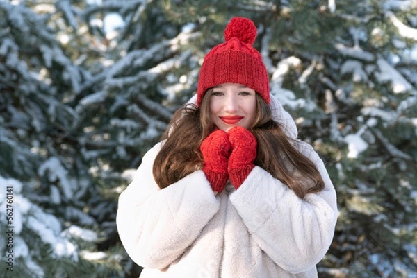 Fototapeta Portrait of happy young girl in knitted red hat and mittens on snowy trees background. Little red riding hood