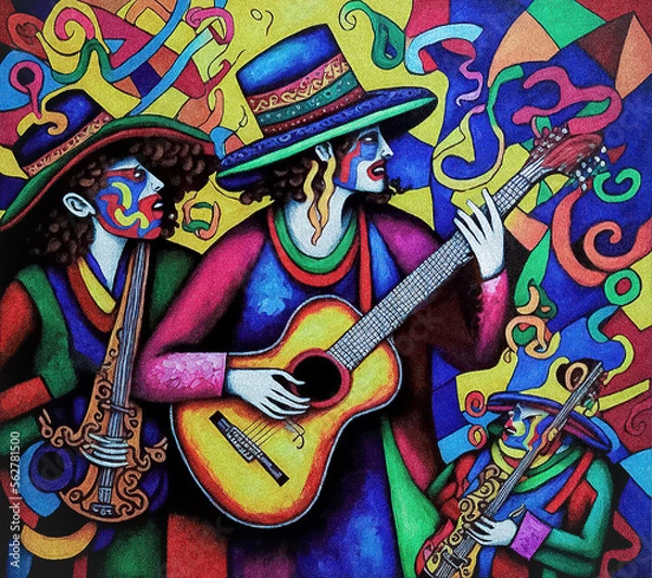 Fototapeta Mexican Folklore Guitarists playing traditional music in vibrant colors - Digital Painting. generative ai