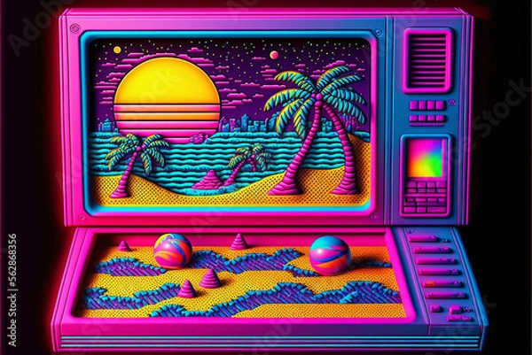 Obraz Polly pocket style computer on the beach, generative ai