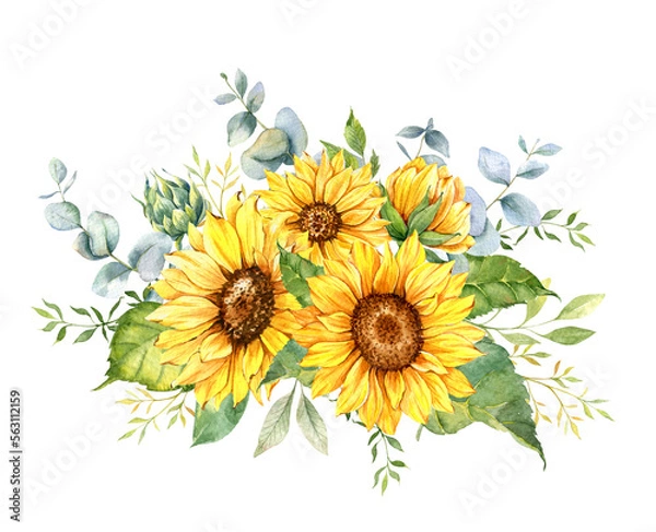 Fototapeta Watercolor sunflowers bouquet, hand painted sunflower bouquets with greenery, sunfower flower arrangement. Wedding invitation clipart elements. Watercolor floral. Botanical Drawing. White background. 