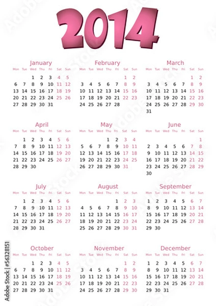 Fototapeta simple editable vector calendar 2014