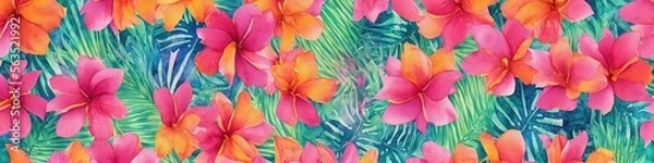 Fototapeta Watercolor flowers - generative AI image of a beautiful watercolor banner with colorful tropical flowers