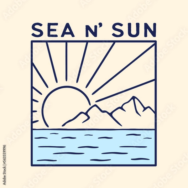 Fototapeta Sea and Sun Vector Illustration for T-Shirt, Poster, with Hand Drawn Line Art Style.