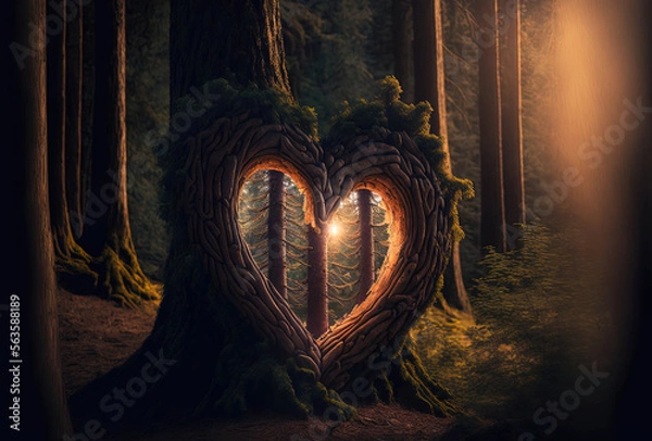 Fototapeta Heart-shaped tree carving in a grand forest, with warm light shining from within. The background is blurred and dark, with the warm light of the carving standing out in contrast.