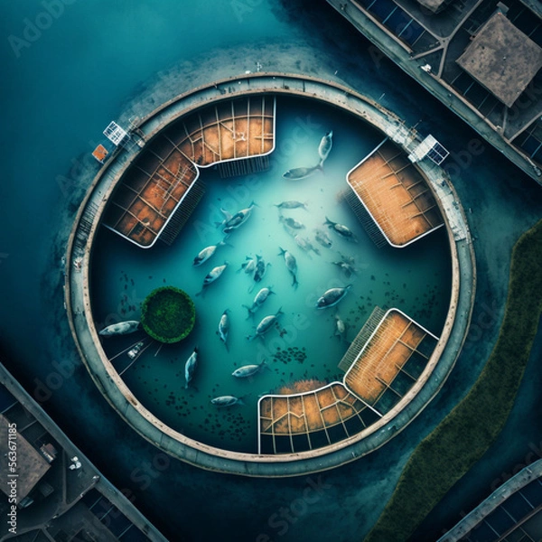 Fototapeta Top view of a fish farm. Generative AI.