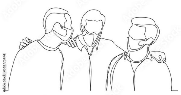 Obraz continuous line drawing vector illustration with FULLY EDITABLE STROKE of company of men friendshugging and talking wearing face mask