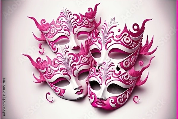 Fototapeta Generative AI illustration of pink carnival masks, white studio background