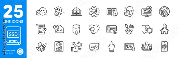 Fototapeta Outline icons set. Smile, Like video and Upload photo icons. Middle finger, Court building, Like web elements. Winner, 5g internet, Instruction manual signs. Report, 24h service, New mail. Vector