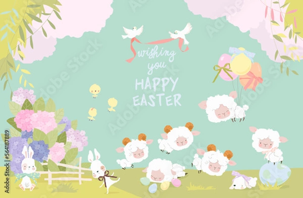 Fototapeta Cute Cartoon Lambs and Bunnies celebrating Easter on Spring Meadow