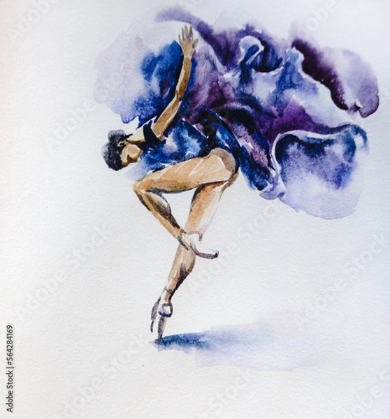 Fototapeta Watercolor illustration. A dancer girl in a blue developing dress is dancing