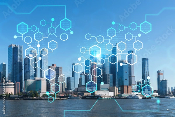 Fototapeta New York City skyline from New Jersey over the Hudson River towards the Hudson Yards at day. Manhattan, Midtown. Decentralized economy. Blockchain, cryptography and cryptocurrency concept, hologram