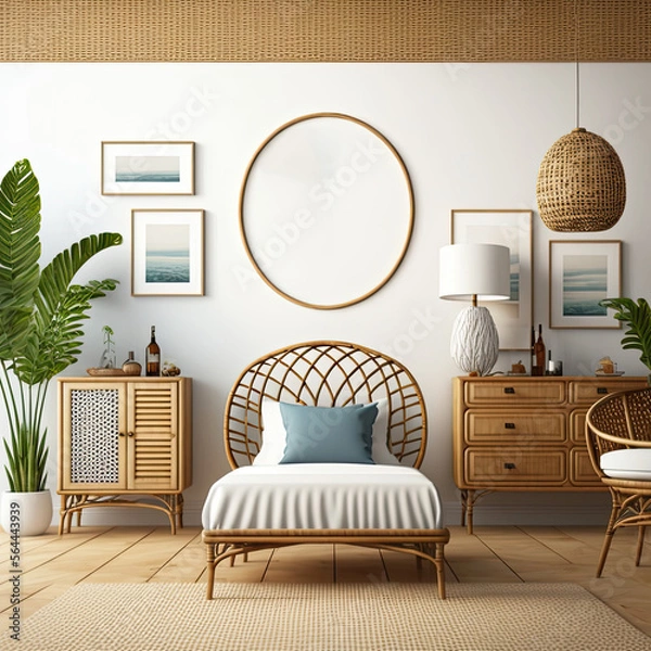 Obraz Gallery Wall in Bright Modern Cozy Bedroom Scandinavian Design Wooden Furniture Front View