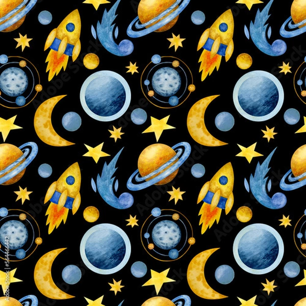 Fototapeta seamless pattern of space objects and rockets. Planets, moon, stars. Cute watercolor drawing. The objects are made manually.	