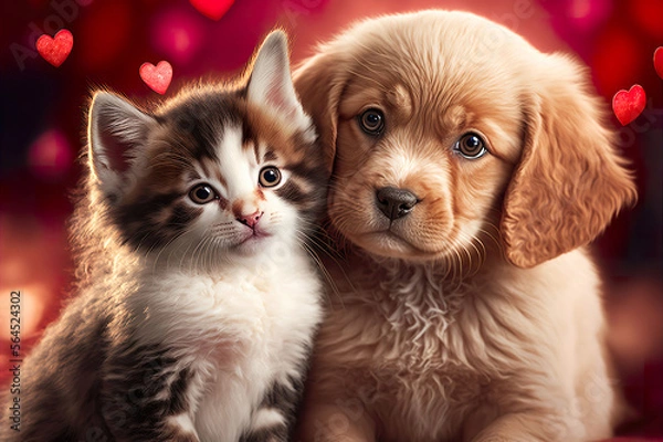 Fototapeta Cute kitten & puppy surrounded with hearts made by generative ai