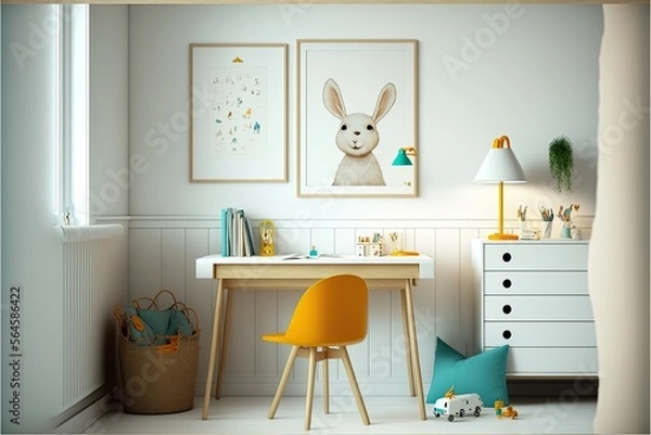 Fototapeta Interior of a child's room with a desk and adorable posters on a white wall. Room for text generative ai