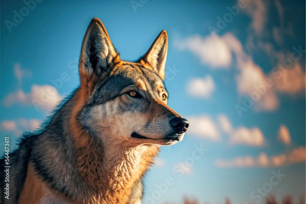 Fototapeta Wolf looking straight into camera, against clear blue sky - AI Generated