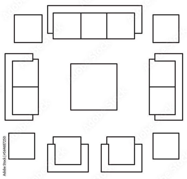 Fototapeta 2D graphic drawing of the top view layout of the sofa set and its side furniture such as coffee table and side table. Drawing in black and white using CAD.