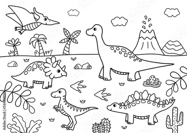 Fototapeta Dinosaur coloring pages for kids. Painting for kindergarten and elementary school children . Children's coloring activity sheet. Cute Illustration to Color. 