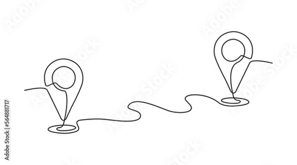 Fototapeta Continuous one line drawing of path and Location pointers. Simple pins on way between two points in thin Linear style. Gps navigation and Travel concept. Doodle vector illustration