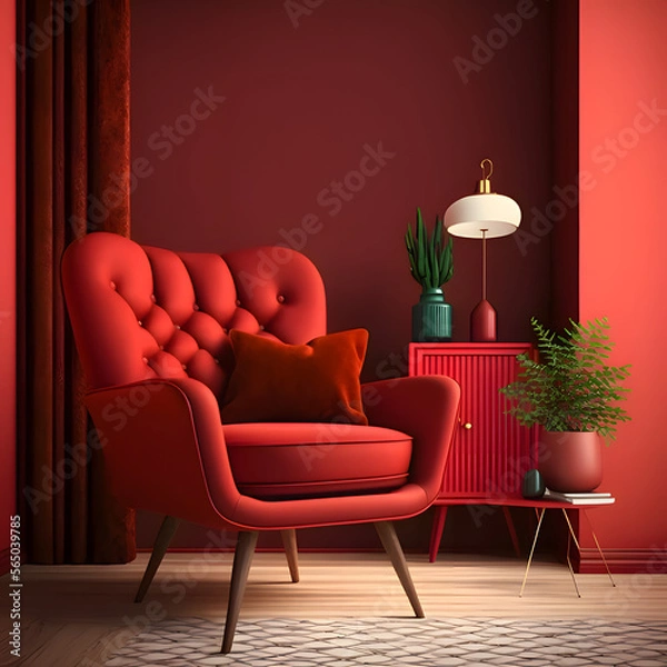 Fototapeta Cozy modern living room interior with Red armchair and decoration room on a Red or white wall background
