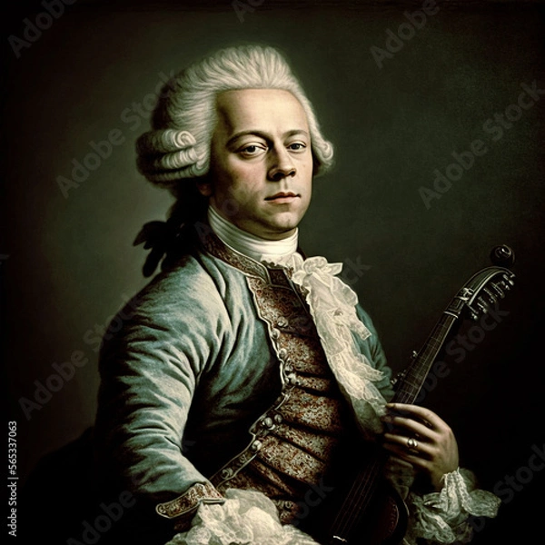 Fototapeta Beautiful  portrait of Wolfgang Amadeus Mozart famous classical composer with violin, like in an old painting. Content made with generative AI not based on real person.