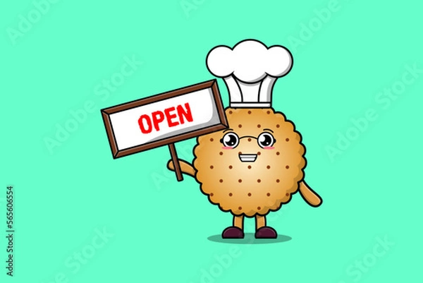 Fototapeta Cute cartoon Cookies character holding open sign board designs in concept flat cartoon style