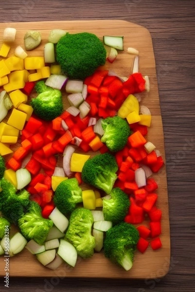 Fototapeta Chopped vegetables arranged on cutting board on wooden table, top view - generative ai