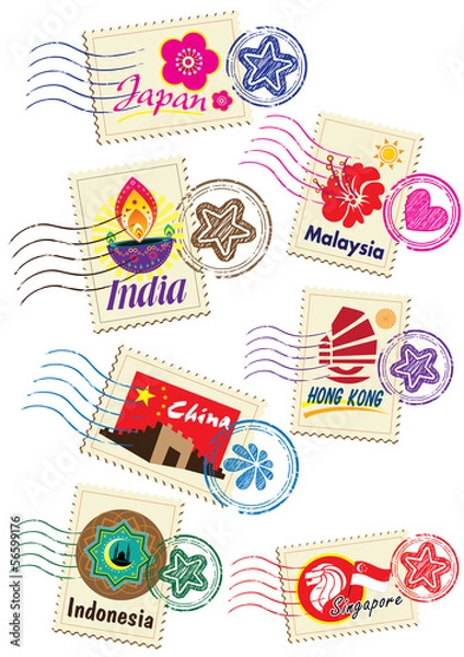 Obraz Asia country stamp icon set