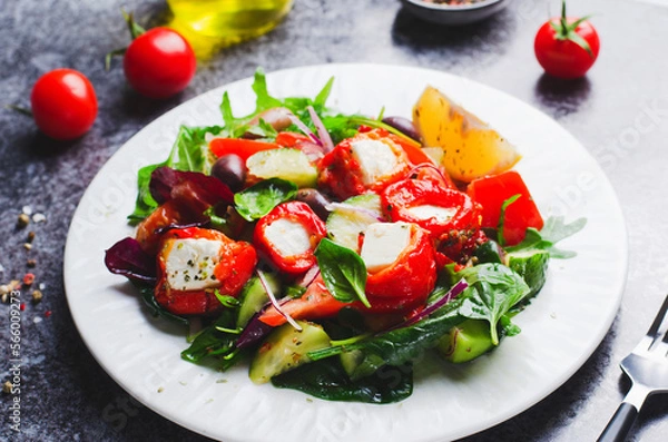 Fototapeta Greek Salad, Fresh Salad with Feta Cheese and Roasted Bell Peppers, Healthy Food