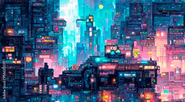 Fototapeta Cyberpunk neon city night. Futuristic city scene in a style of pixel art. 80's wallpaper. Retro future Generative AI illustration. Urban scene.