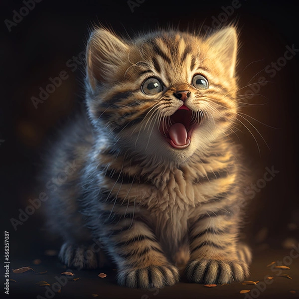 Fototapeta Cute kitten laughing. Small domestic cat kid yawning or smiling. Generative AI.