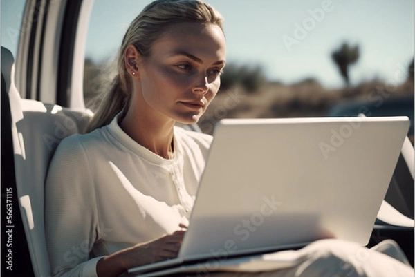 Fototapeta a young woman works concentrated in a vehicle traveling, nature and landscape during work, working outdoors