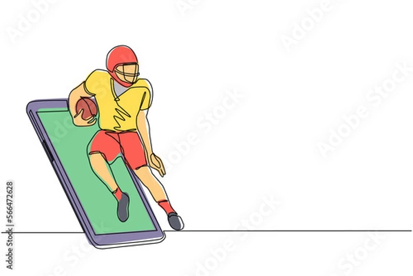 Fototapeta Single continuous line drawing american football player running getting out of smartphone screen. Mobile sports play matches. Online american football game mobile app. One line draw design vector