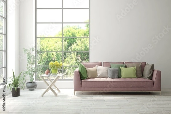 Fototapeta White living room with sofa and summer landscape in window. Scandinavian interior design. 3D illustration