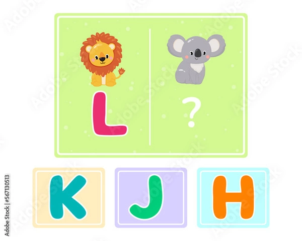 Fototapeta Educational logic game for kids. Children's alphabet education. Development of logic iq. Visual intelligence, mind games. Vector illustration.