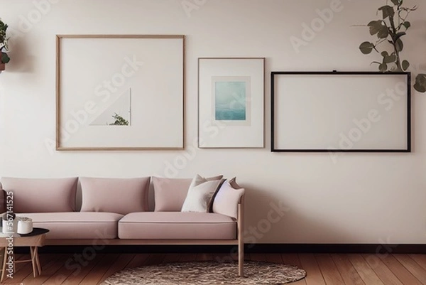 Fototapeta mock up poster frame in modern interior background, living room, Scandinavian style, Generative AI illustration.